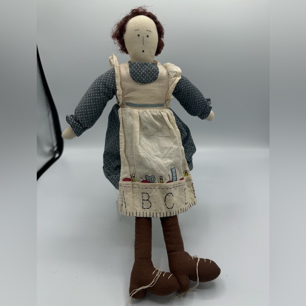 Folk Art Cloth Teacher Doll Shelf Sitter With School Apron Springwater Cookie